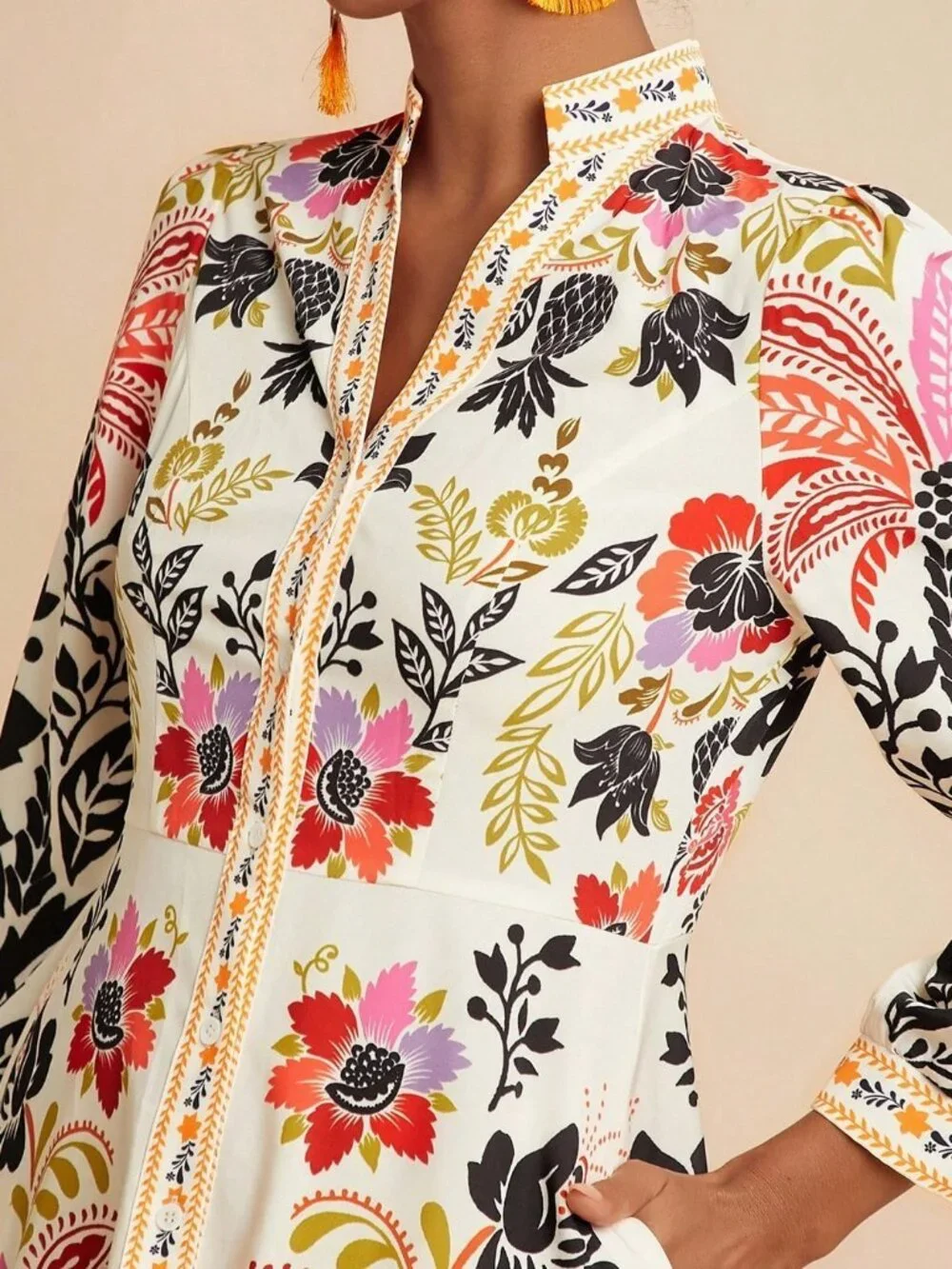 Khaki Boho Women's Palm Tree Print Long Sleeve Button Down Casual Midi Dress - Picture 6 of 6